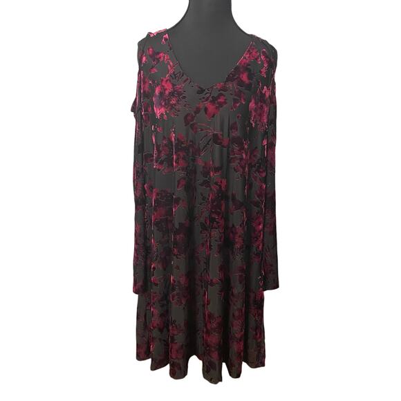 Cato‎ Burgundy Burnout Velvet Long Sleeve Cold Shoulder Midi Dress Size Large - Picture 1 of 6